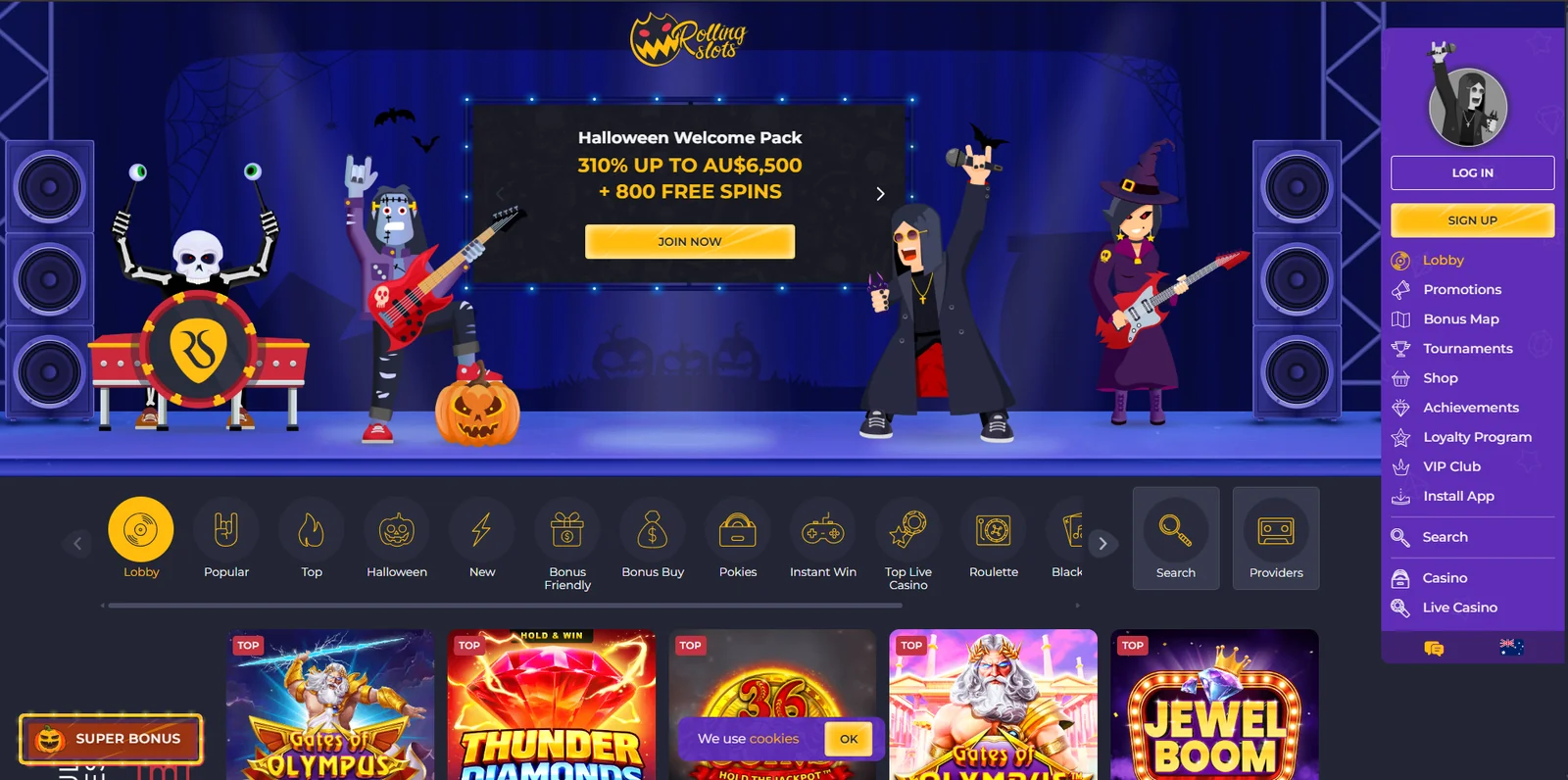 Rolling Slots Australian homepage showing the Halloween Welcome Pack of 310% up to AU$6,500 + 800 free spins